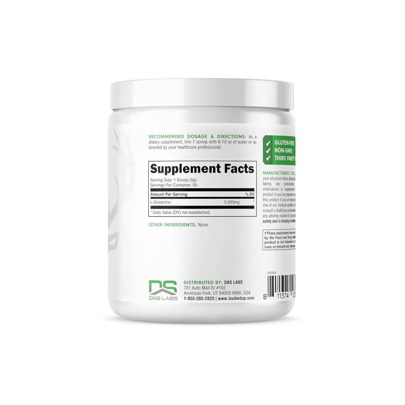 Bucked Up- LGlutamina (5000mg), Esenciales (50 Porciones, 250 Gramos)