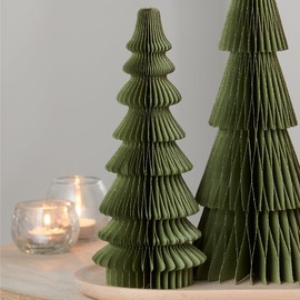 Honeycomb paper tree set of 3, olive green Christmas trees, 6 1/2" -13" tall, winter mantel decor, table centerpiece for holiday festive charm, gift for hostess, nostalgic paper (Set 3 Olive)