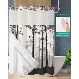 No Hook Shower Curtain and Liner Set Retro Bear Forest Black Silhouettes Animal Wildlife Snap in Fabric Liner Shower Curtains for Bathroom See Through Top Window Waterproof Bath Curtain 72x72 Inch