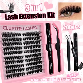 200 Pieces DIY Eyelash Extensions Set, 8-16 mm, Mixed Fluffy Eyelashes, Individual False Eyelash Clusters with Eyelash Glue and Tweezers for Beginners, Reusable Eyelash Clusters (5K)