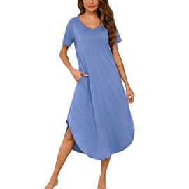 Nieery Women's Long Cotton V-Neck Summer Nightdress Large Sizes Short Sleeves Loose Sleep Shirt Night Dress Casual Sleepwear with Pockets S-3XL, blue