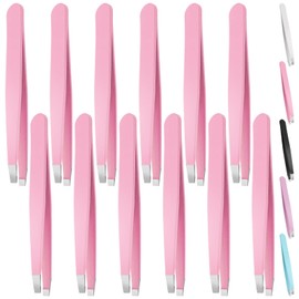Swpeet Slant 12 Pieces 3.79 Inch Pink Eyebrow Tweezers Stainless Steel Slanted Tip Tweezers Kit, Professional Face and Hair Remover, Slanted Tip Precision Tweezers for Men and Women