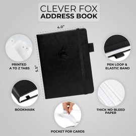 Clever Fox Address Book with alphabetic tabs - PU Leather Telephone and Address Book for Keeping Contacts Safe, Contact Organizer Journal, Small Size (4.0″ x 5.5″), Hardcover, Black