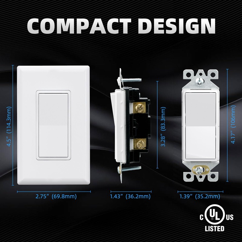 ELEGRP Single Pole Decors Light Switch with Screwless Plate, 15A
