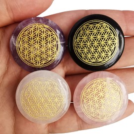 Lovionus89 Pack of 4 Flower of Life Symbol Polished Palm Tree Stone for Reiki Crystal Healing Engraved Positive Energy Bag Stone, Amethyst + Rose Quartz + Black Obsidian + White Crystal