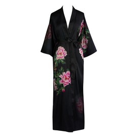 OLDSHANGHAI Women's Charmeuse Kimono Robe Long - Watercolor Floral - Peony & Bird- Black