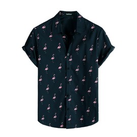 VATPAVE Mens 100% Cotton Hawaiian Shirts Floral Short Sleeve Button Down Shirts Summer Beach Shirts Large Navy Flamingo