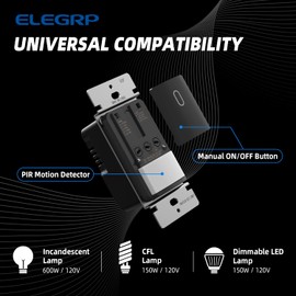 ELEGRP Occupancy Motion Sensor Light Switch, PIR Infrared Motion Activated Wall Switch, No Neutral Wire, Single Pole for CFL/LED/Incandescent Bulb, Wall Plate Included, UL Listed (2 Pack, Matte Black)