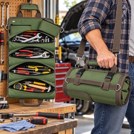 Heavy-Duty Roll-Up Tool Bag – Portable Oxford Fabric Tool Organizer with Multiple Compartments and Detachable Pouches for Mechanics, Electricians & DIY Projects
