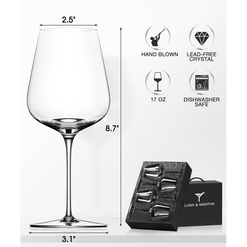 LUNA & MANTHA Red Wine Glasses Set of 4, Crystal