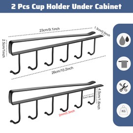 YAANBUNB Vertical Door Hook, Pack of 2 Cup Holders, Cups, Cup Holder, Under Shelf, Cup Rack, Cupboard Insert, No Drilling, Cup Stand, Cupboard, Hanging Cup Rack with 6 Hooks for Kitchen Utensils