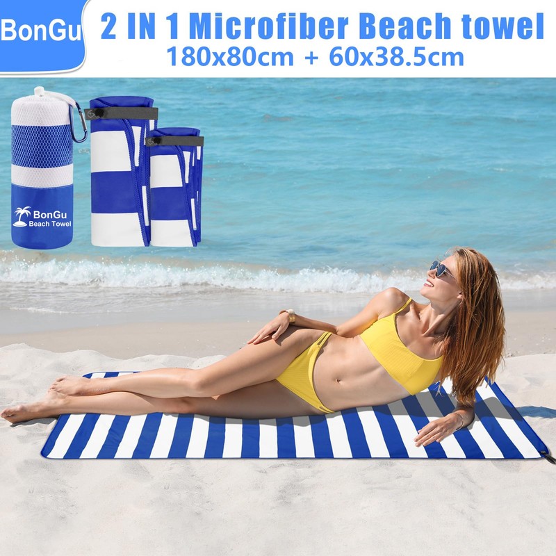 BonGu 2 Pack Beach Towel Set 180x80cm & 60x38cm Microfiber
