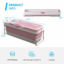 Mjkone Extra Large Adult Portable Bathtub with 2 Side Handles and Waterproof Pillow| Foldable Tub for Ice Bath and Hot Shower | Folding Space-Saving Bath Made of PP and TPE | 62" x 23" x 20" | Pink