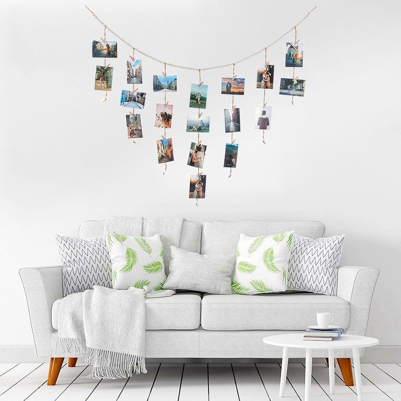 Boho Style Hanging Photo Display with 30 Clips for Bedroom,