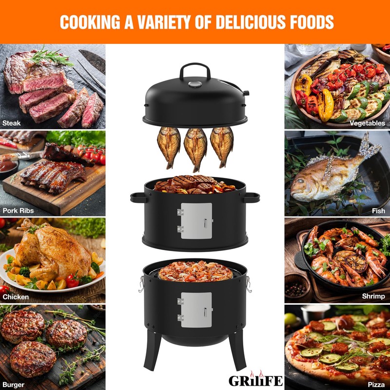 GRiliFE 16" Charcoal Smoker, 3 in 1 Heavy Duty Vertical