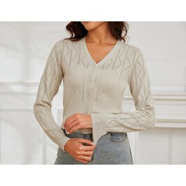 Totatuit Women's Cardigan Button Down Bolero V-Neck Cropped Cardigan Long Sleeve Knit Cardigans Casual Sweater Apricot L