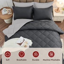 MUXHOMO 7 Pieces King Comforter Set, Reversible Bed in a Bag King Size, All Season Bedding Set with Comforter, Flat Sheet, Fitted Sheet, Pillowcases & Shams, Dark Gray & Light Gray