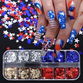 12 Grids 4th of July Star Nail Glitter Sequins Shiny Red Blue Sliver Gold Star Nail Stickers Decals Independence Day Nail Sequins Flakes 3D Glitter Nail Art Supplies for DIY Nail Eye Face Body Decor