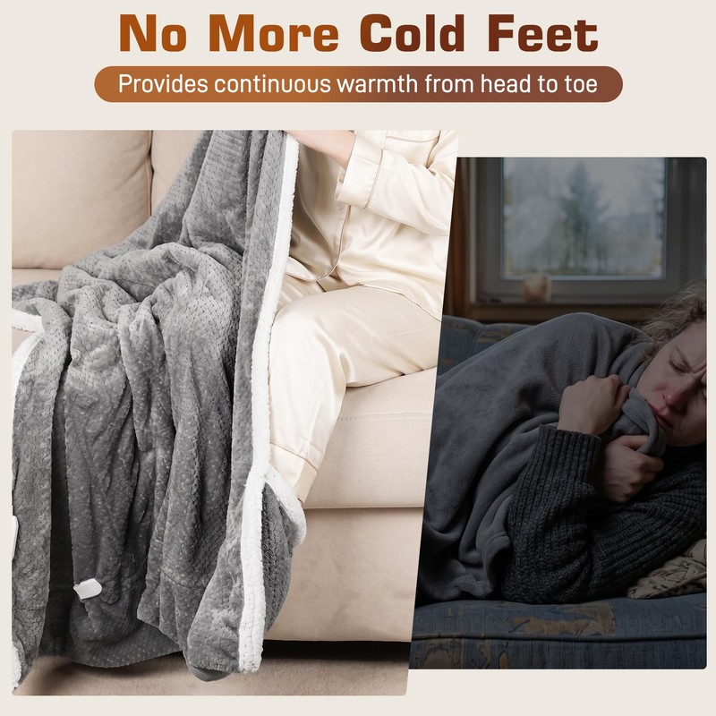 Wearable Heated Blanket with Foot Pocket, Detachable Hood, 8 Heat