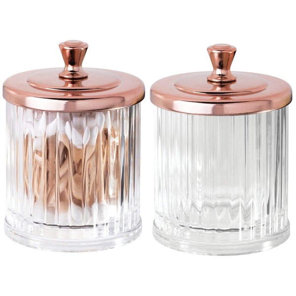 mDesign Fluted Bathroom Vanity Storage Organizer Canister Apothecary Jar for Cotton Swabs, Rounds, Balls, Makeup Sponges, Bath Salts - 2 Pack - Clear/Rose Gold