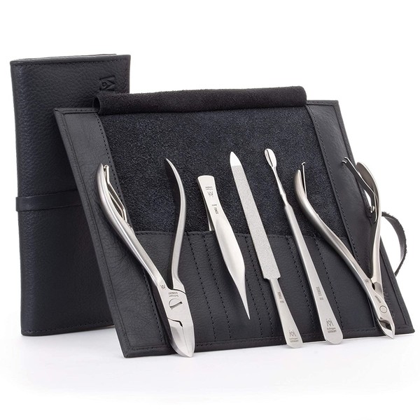 GERMANIKURE 5pc Manicure Set in Black Leather Case - Made in Germany, FINOX Stainless Steel Tools – Professional Mens Grooming Kit