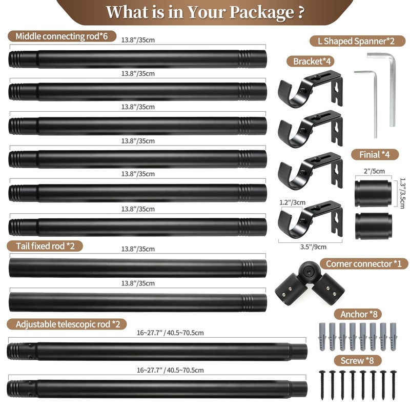 Anndason Heavy Duty 1 Inch Corner Curtain Rods Set 30-76