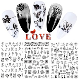 SOESS 8 Sheets Black Valentine's Day Nail Stickers Love Heart Rose Lips Art Decals Romantic 3D Self-Adhesive Designs DIY Decorations Supplies for Women Girls Valentine Dating Wedding