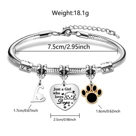 Hcvone Initial Dog Bracelets Paw Bracelet Just A Girl Who Loves Dogs Letter Bracelet Birthday Christmas Gifts Dog Footprints Charm Bracelet Jewellery For Women Girls Teen Dog Lovers (L)