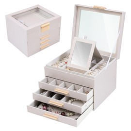 ASINGYER Jewelry Box with Glass Lids,4 Layer Large Jewelry Boxes for Women, Jewelry Holder Organizer for Necklace, Bracelet, Earrings,Storage Gifts for Women (4 layer Champagne)