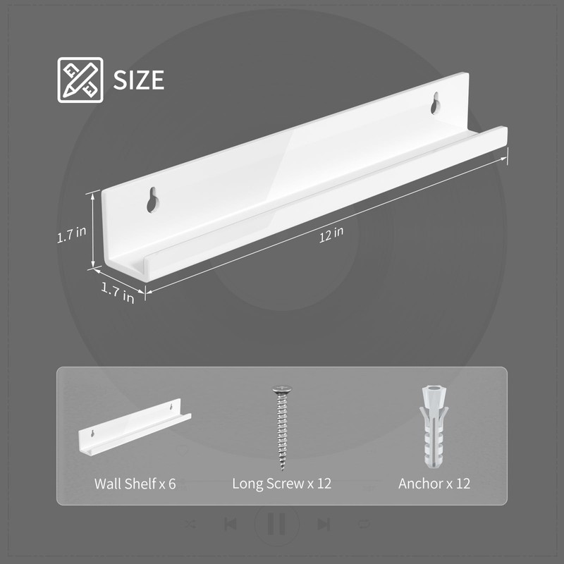 AITEE Vinyl Record Shelf Wall Mount: 6 Pack Acrylic White