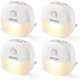 AUVON Plug in Night Light with Motion Sensor and Dusk to Dawn Sensor, Mini Warm White LED Nightlight with 1-50 lm Adjustable Brightness for Bathroom, Hallway, Stairs, Bedroom, Kitchen, 4 Packs