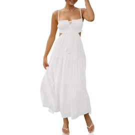 Fisoew Women's Spaghetti Strap Maxi Dress Summer Sleeveless Side Cut Out Dress Casual Boho Backless Flowy Long Dresses White