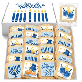 Happy Hanukkah Cookies Gift Basket Kosher bulk Party favors for Kids | Jewish Holiday Gourmet Corporate Food Gift INDIVIDUALLY WRAPPED | 24 Decorated Sugar Cookies Menorah Donuts Dreidels
