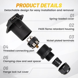 Oyviny RV 7 Pin Trailer Plug with IP68 Waterproof Seal, Detachable Vehicle Side 7 Way Trailer Socket Replacement Heavy Duty PA66 Flame Retardant RV Blade 7 Way Round Connector for RVs Trucks Campers