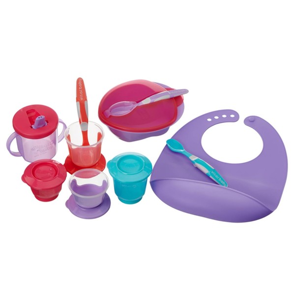 Vital Baby Nourish Start Weaning Kit - Weaning and Feeding Set - Spoons, Pots, Bowl, Cup & Bib - Bright Colours & Durable Materials - BPA, Phthalate & Latex Free - Essential Baby Led Weaning - 10pcs