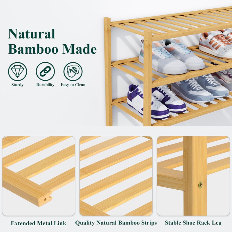 Smiry Shoe Rack, 3 Tier Thick Bamboo Shoe Organizer, Stackable