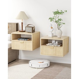 Floating Nightstand Set of 2 - Fluted Night Stand with Charging Station Wood Wall Mounted Nightstand with Drawer & Open Shelf, Modern Bedside Table Large End Table for Bedroom Closet