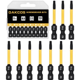 DAKCOS T15 Bit Long, Torx Bit T15, Bit Assortment from S2, Screwdriver Bit 1/4 Inch Hex Shank (Length: 50 mm, Pack of 10)