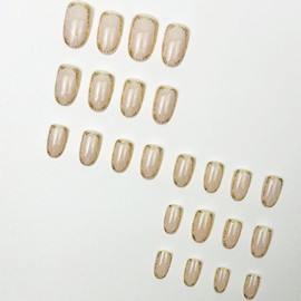Medium Almond Press on Nails Nude Fake Nails with Gold Glitter Design Acrylic Nails Press ons Full Cover Marble Stripes Stick on Nails Reusable Glossy Glue on Nails for Women Girls Manicure 24Pcs