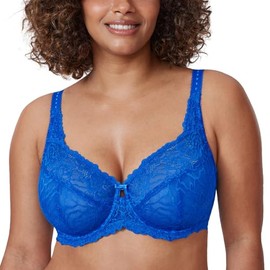 DELIMIRA Women's Plus Size Minimizer Bras Full Coverage Lace Unlined Underwire Bra B-K Cups Sparkle Blue 34DD