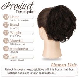RUWISS Real Human Hair Bun Short Drawstring Ponytail Hair Pieces for Women, Natural Straight Updo Bun Comb Clip in Ponytail Extension for Women, Brown Black