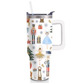 JarThenaAMCS Christmas Tumbler with Lid Straw 40 Oz Cartoon Nutcracker Stainless Steel Travel Tumbler Cup with Handle for Xmas Winter Iced Coffee Party Favor