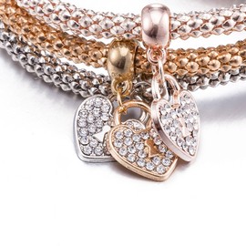 Cutesmile Fashion Jewelry Stretch Bracelets 3PCS Gold/Silver/Rose Gold Corn Chain Crystal Charms Multilayer Bracelets (Heart)