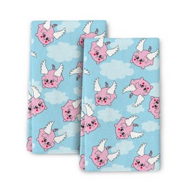 Wovoto Funny Flying Piggies Kitchen Towels with Hanging Loop, Absorbent Cute Piggy Dish Towels for Kitchen Drying, Tea Towels Set of 2 for Kitchen Farmhouse 16x24 Inch