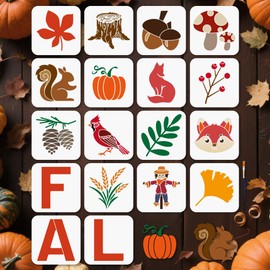 MAYJOYDIY 18 Pcs Fall Stencil Reusable Mushroom Maple Leaves Stencils for Painting 5.9x5.9 Inches Autumn Animal Fruit Drawing Templates with Paint Brush for Wall Wood Paper Album Decoration