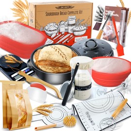 Sourdough Bread Baking Supplies 34 oz Sourdough Starter kit with Pot, 2 Silicone Bread Proofing Baskets, and Bread Making Tools Kit - Red