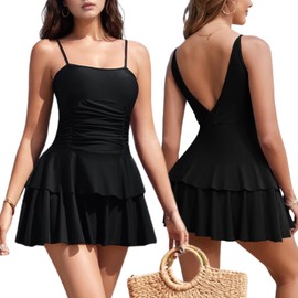 HomeTzaryn Women V Back One Piece Swimming Suits Tummy Control Swim Dress with Skirt Built-in Shorts Detachable Pads Swimwear Black