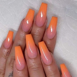 MERVF Coffin Press on Nails Long Fake Nails Orange French Tip Ballerina Glue on Nails with Ombre Design Artificial Acrylic Nails Glossy 24pcs False Nails Press ons