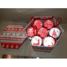 Red And White Frosted Christmas Luxury Baubles 14x75mm In Picture Gift Box