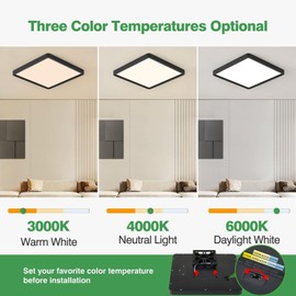 16 Inch Square LED Flush Mount Ceiling Light, 36W 3600LM, 3000K/4000K/6000K CCT Selectable,Black Super Slim Low Profile Ceiling Light Firxtue for Bedroom/Kitchen/Living room/Dinning room/Hallway